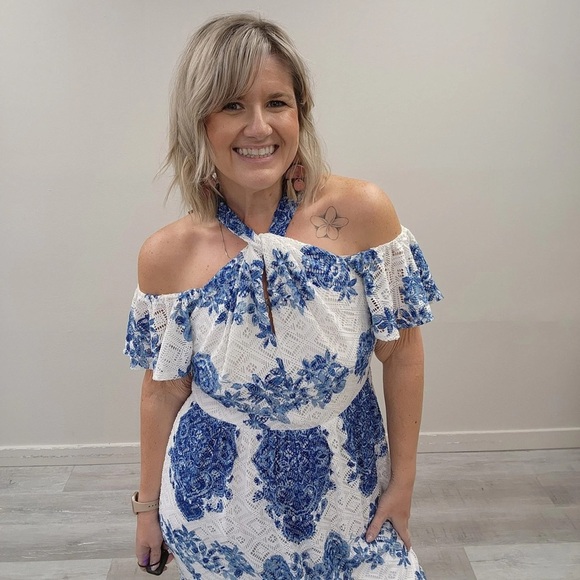 Lane Bryant Blue Floral Lace Maxi Dress - Size 10/12 Petite - Picture 3 of 4